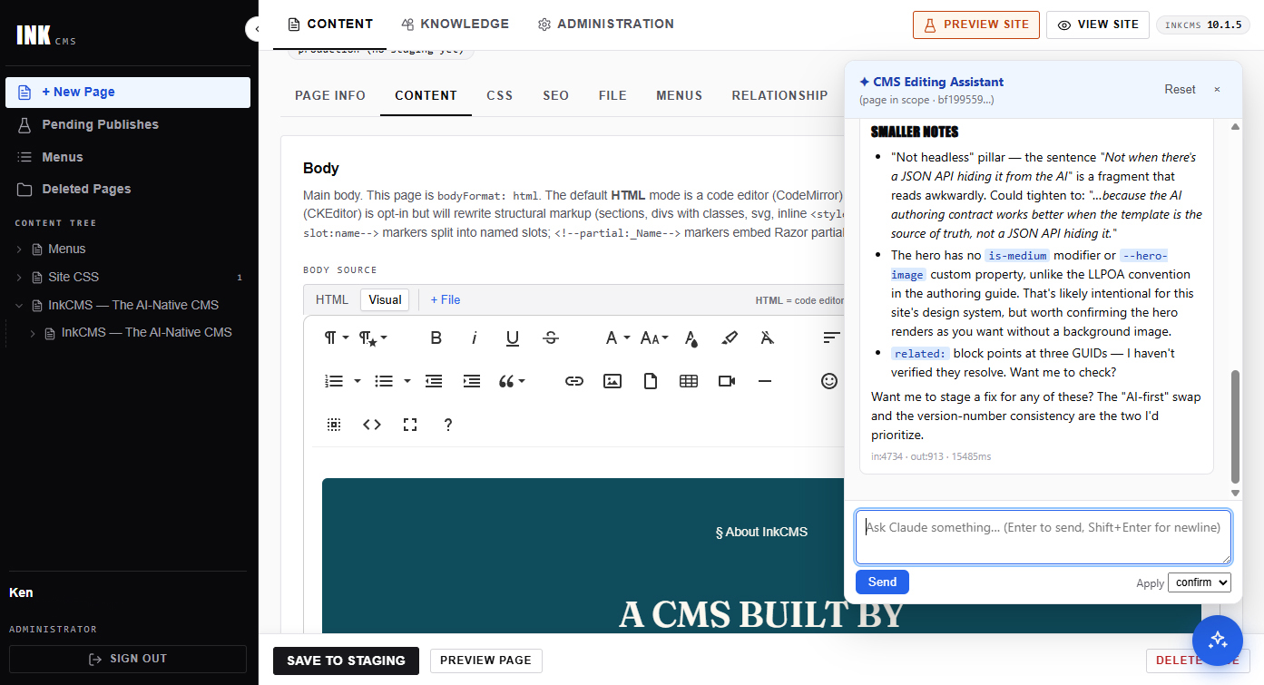 Editing a page with the AI assistant panel open beside it